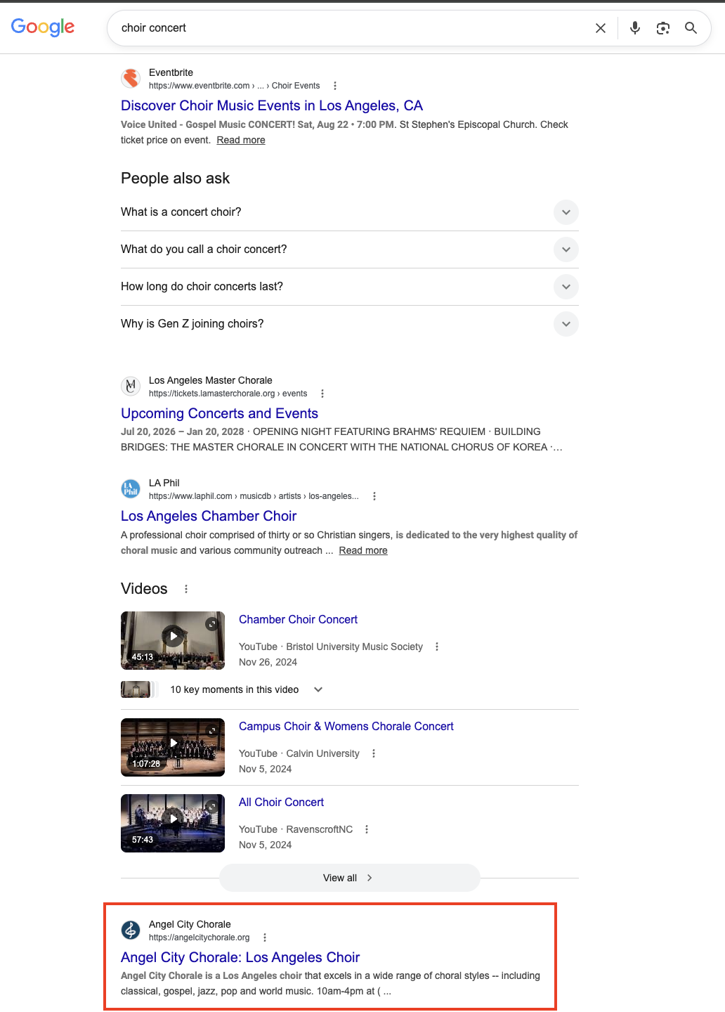 Choir Concert Search Results Page