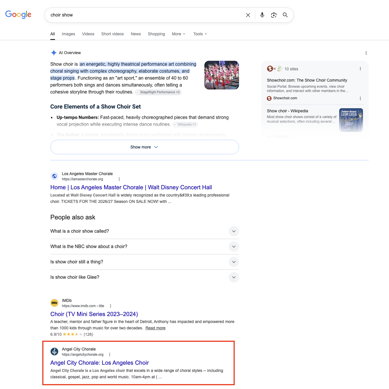 Choir Show Search Results Page