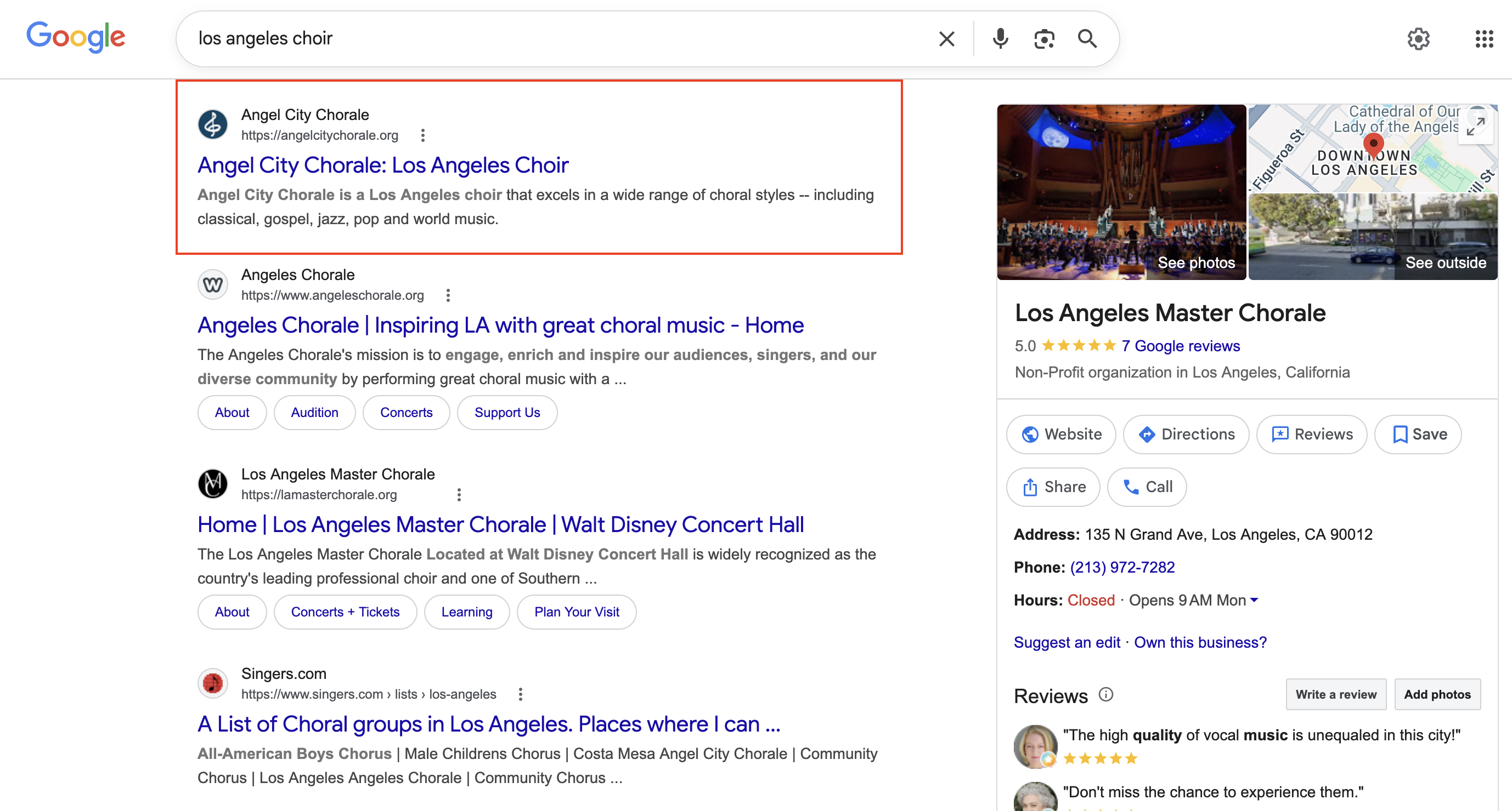 Los Angeles Choir Search Results Page